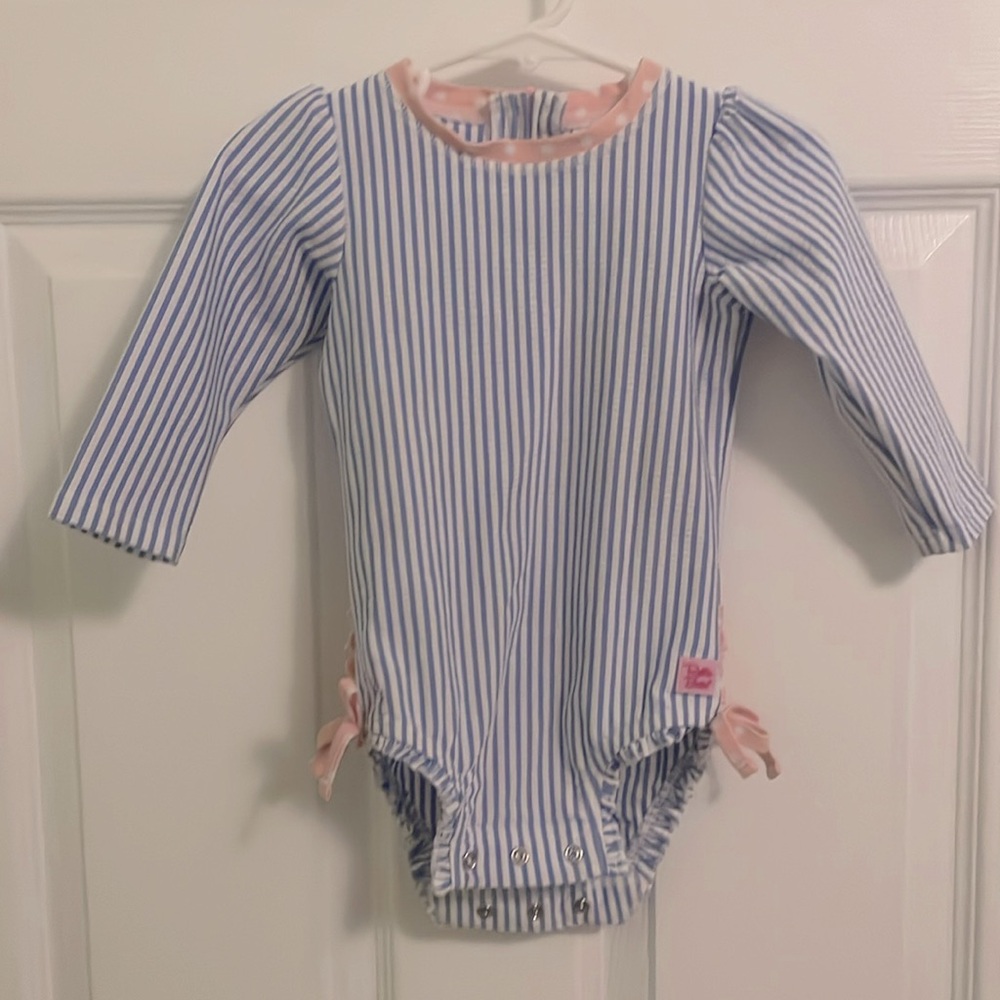 RuffleButts Girl’s Long Sleeve Rash Guard One Piece Swimsuit, Size 12-18 mo